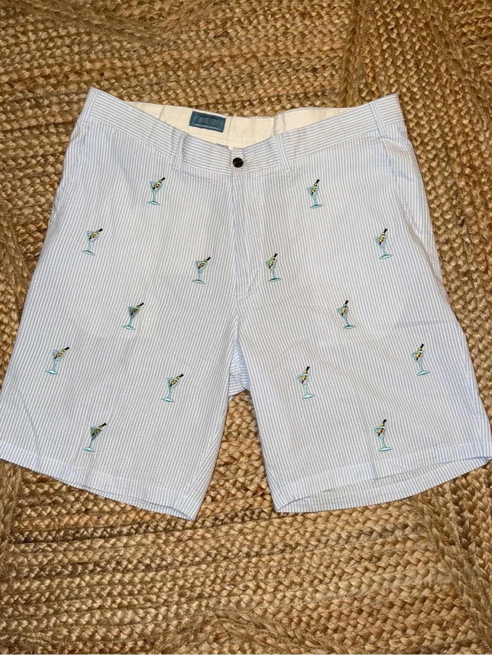 Castaway Light Blue Striped Embroidered Martini Glass Men’s Flat Front Shorts 38